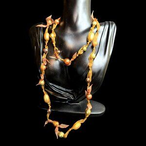 Cookie Lee Long Necklace Gold Bronze Beads Ribbon Tie 42" Boho Layering Jewelry